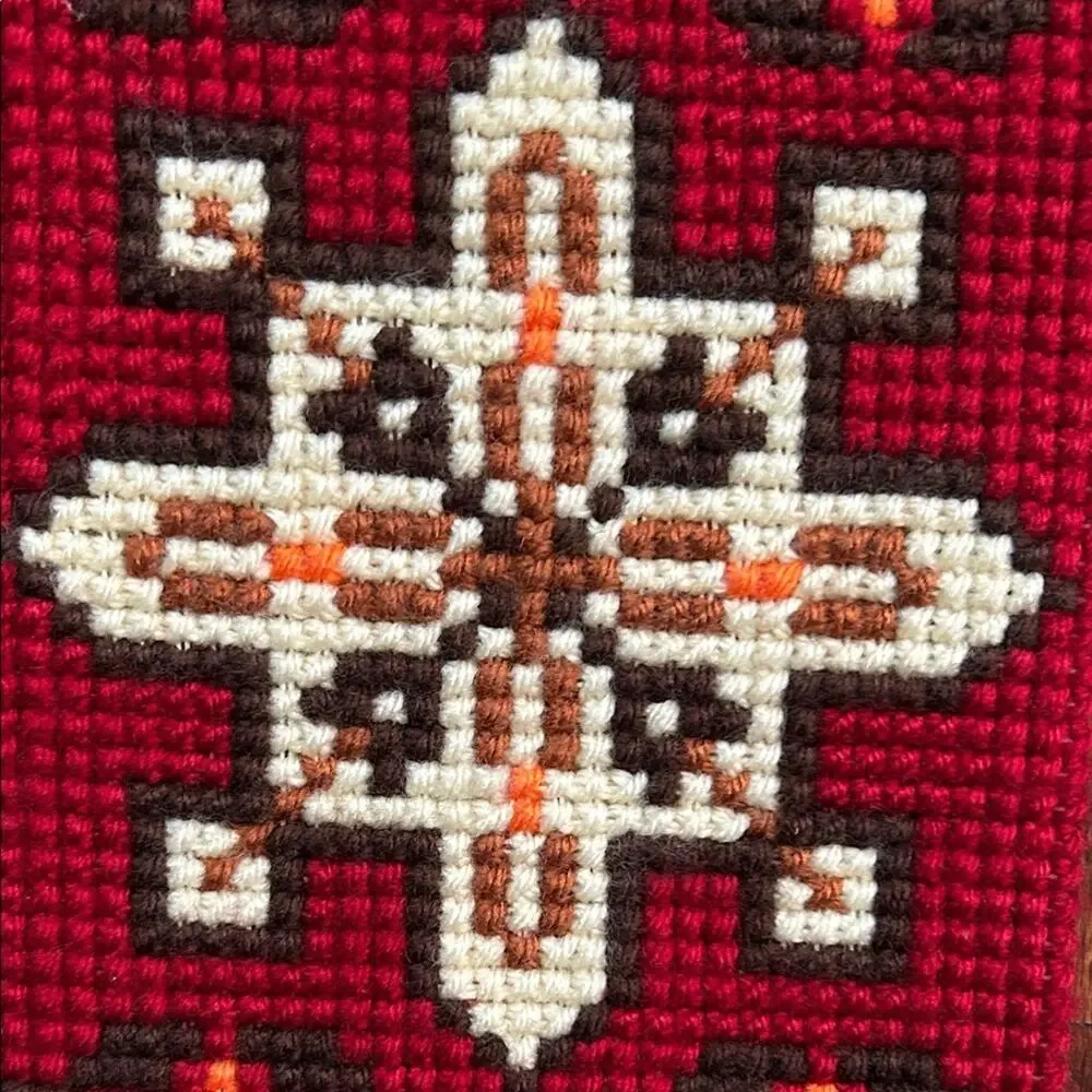 Vintage Bell Pull Red and Cream Needlepoint Wall Hanging, Scandinavian Style